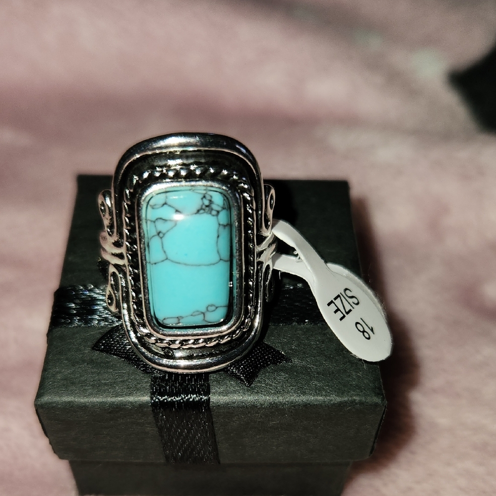 Turquoise Stone Silver-Tone Statement Ring - Size 18 Stainless Steel